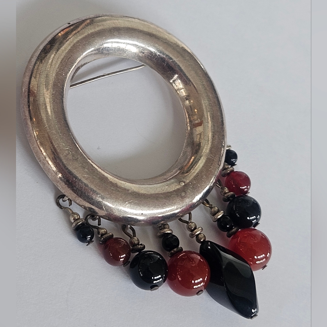 Vintage Sterling Silver 925 Carnelian Agate Onxy Southwestern Brooch Pin Scarf